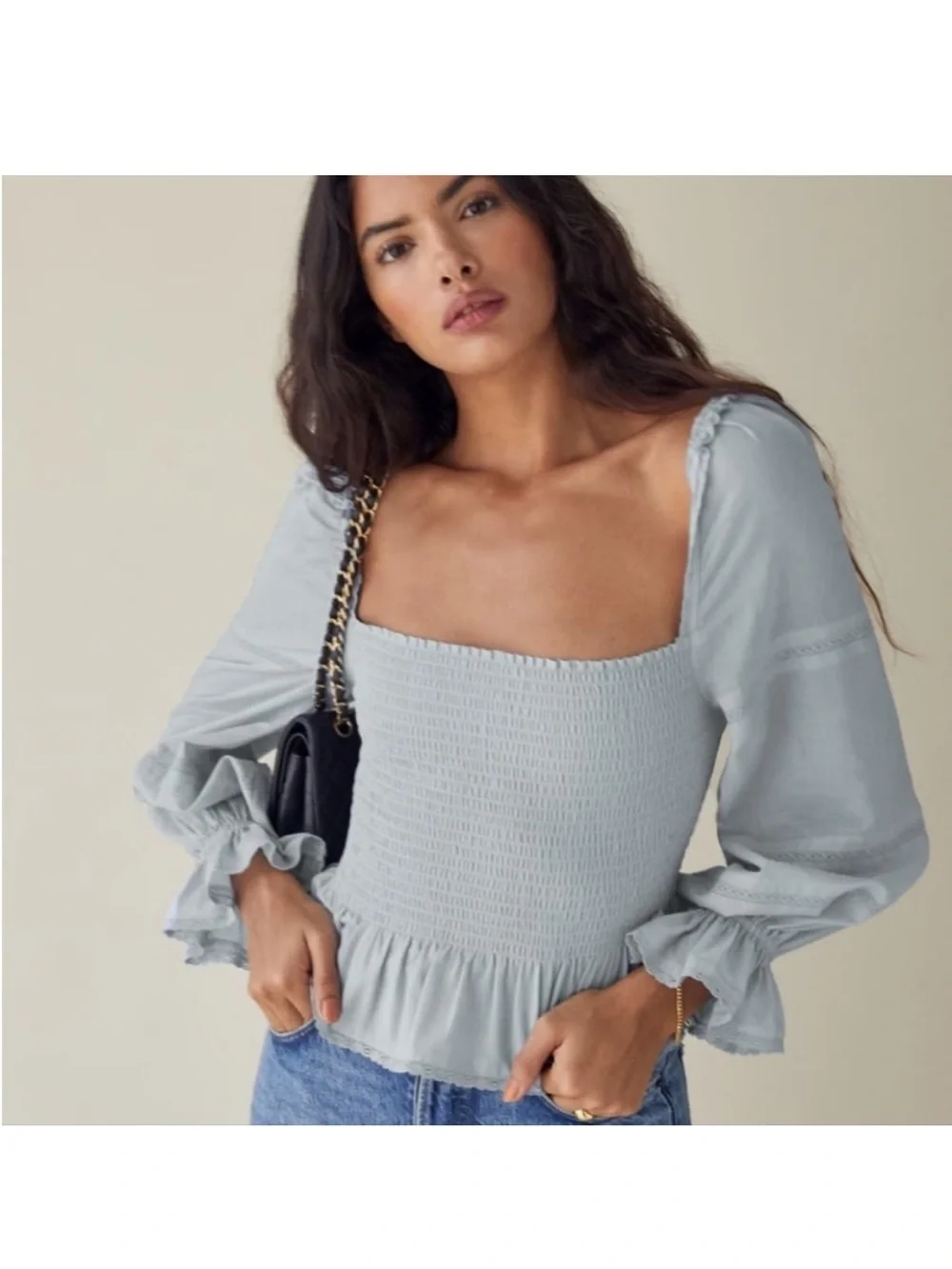 Reformation Roland Smocked Top in Mineral Blue